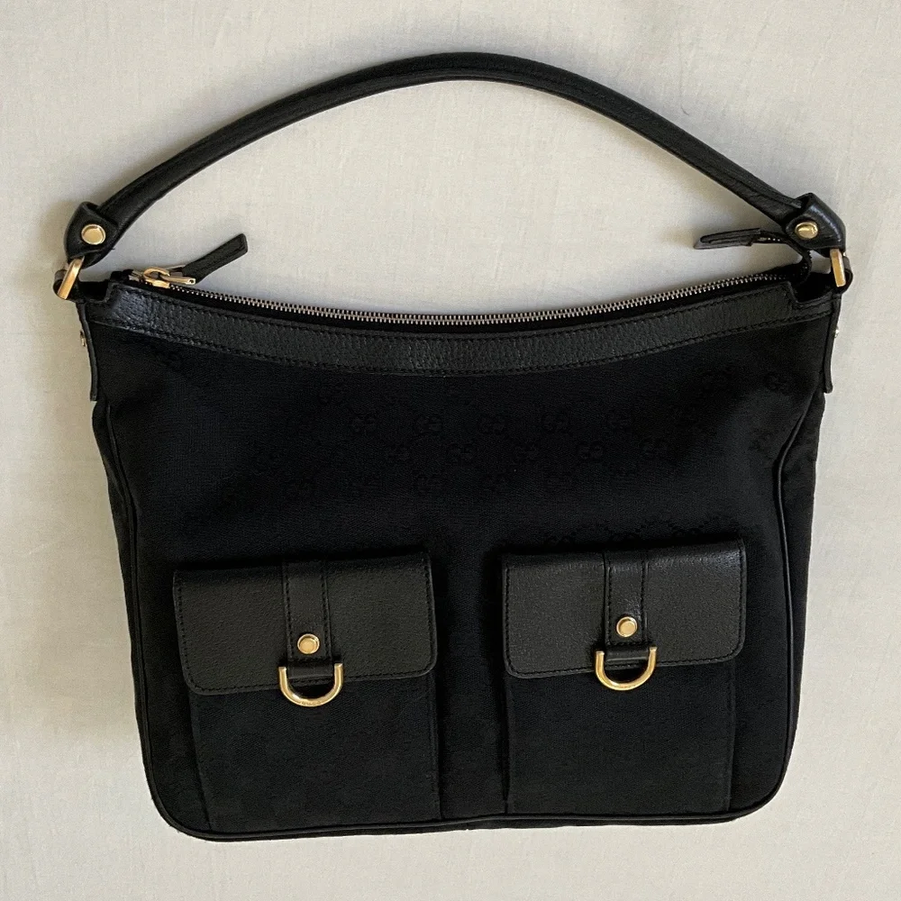 GUCCI Vintage GG Canvas Abbey D-Ring Pocket Hobo Black